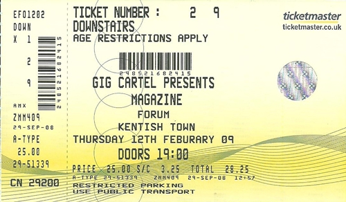 Magazine Reunion Tour 2009 concert ticket
