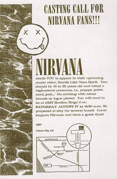 Nirvana video casting call flier for 'Smells Like Teen Spirit' video (1991)