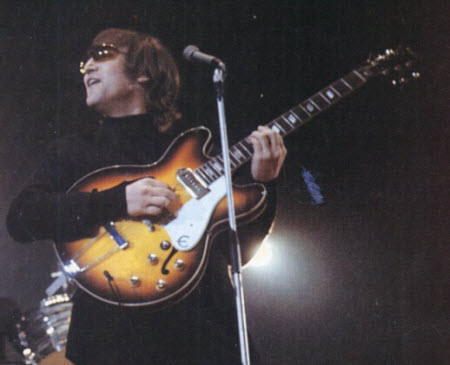 John Lennon with his 1965 Epiphone E230TD Casino guitar unsanded (The Beatles)